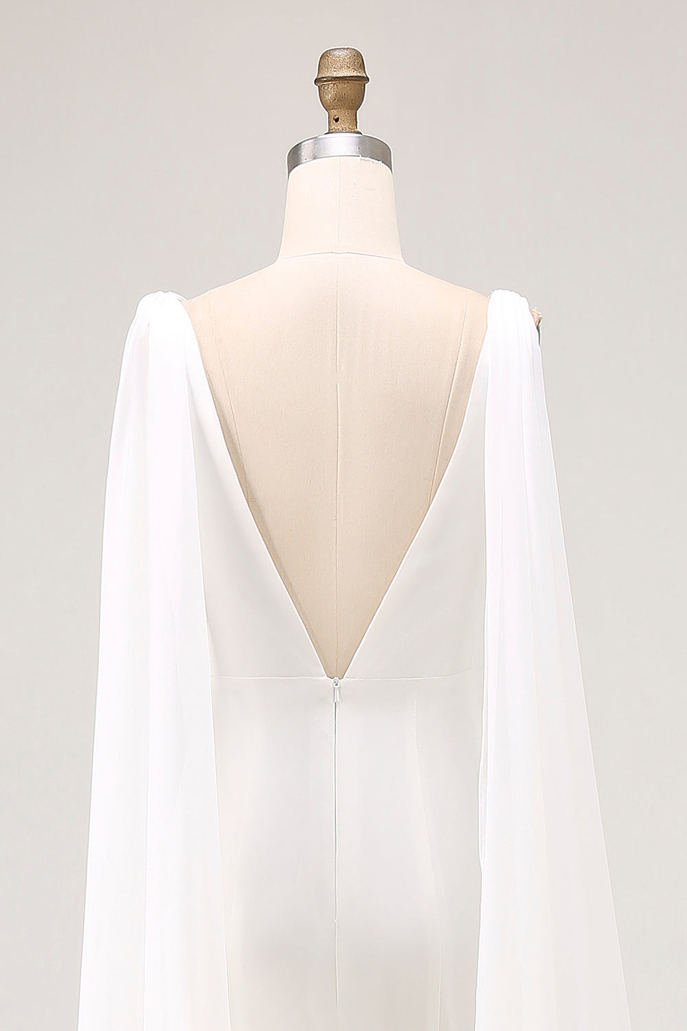 Ivory Satin V Neck Long Wedding Dress with Streamer