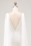 Ivory Satin V Neck Long Wedding Dress with Streamer