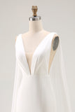 Ivory Satin V Neck Long Wedding Dress with Streamer
