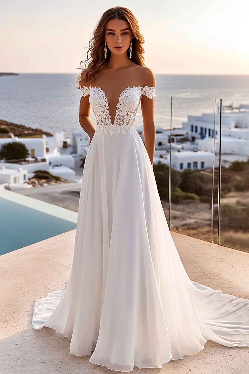 Off The Shoulder A Line Ivory Pleated Wedding Dress