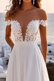 Off The Shoulder A Line Ivory Pleated Wedding Dress