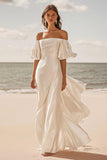 Satin A Line Ivory Off The Shoulder Pleated Wedding Dress