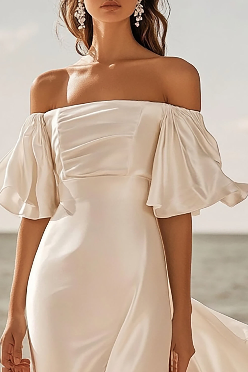 Satin A Line Ivory Off The Shoulder Pleated Wedding Dress