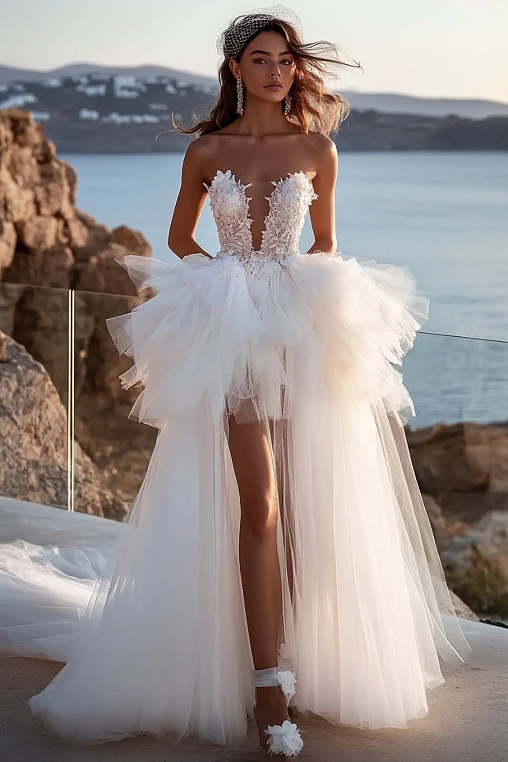 Strapless A Line Ivory Pleated Wedding Dress With Slit