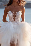 Strapless A Line Ivory Pleated Wedding Dress With Slit