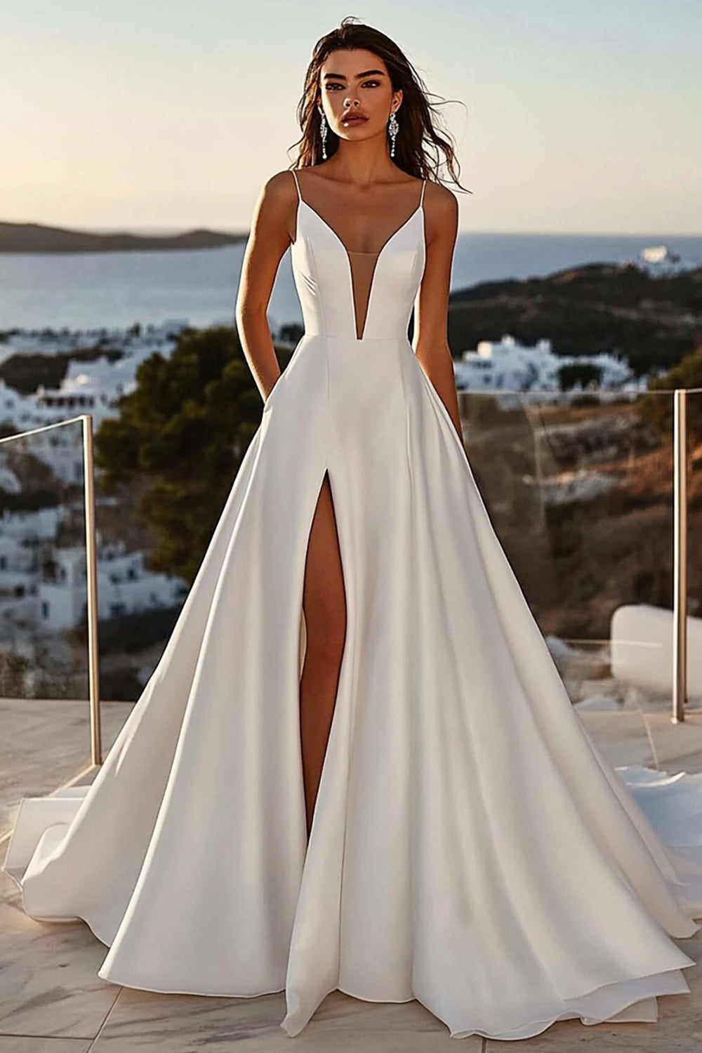Ivory A Line Spaghetti Straps Long Wedding Dress with Slit