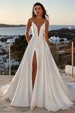 Ivory A Line Spaghetti Straps Long Wedding Dress with Slit