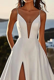 Ivory A Line Spaghetti Straps Long Wedding Dress with Slit