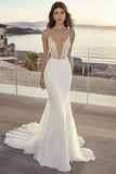 Mermaid Spaghetti Straps Ivory Pleated Lace Wedding Dress