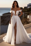 Ivory A Line Off The Shoulder Wedding Dress with Slit