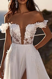 Ivory A Line Off The Shoulder Wedding Dress with Slit