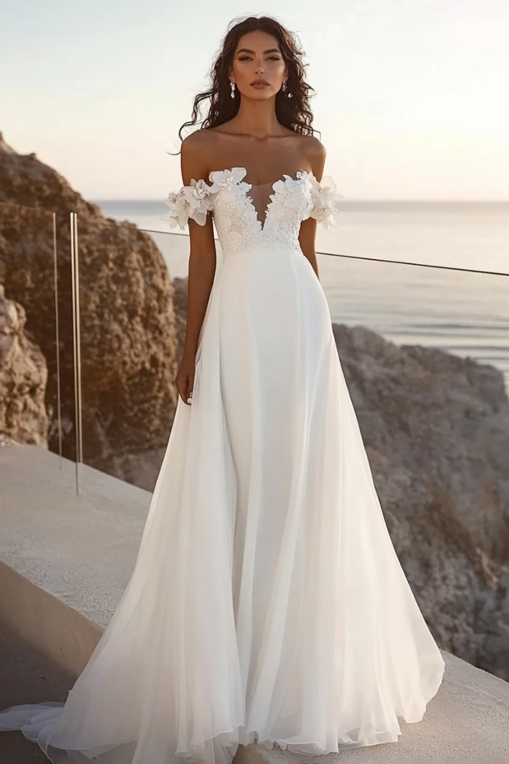 Off The Shoulder Ivory A Line Appliqued Long Wedding Dress