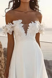 Off The Shoulder Ivory A Line Appliqued Long Wedding Dress
