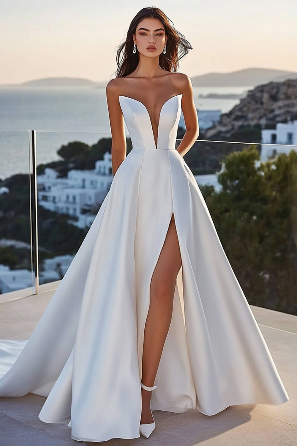 Strapless A Line Ivory Satin Long Wedding Dress