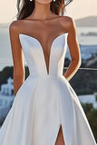 Strapless A Line Ivory Satin Long Wedding Dress