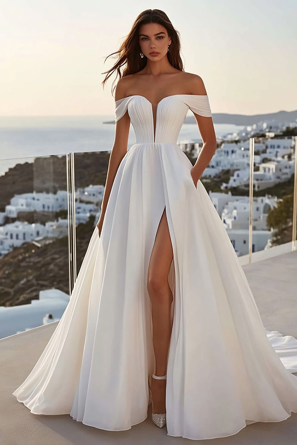 Ivory Off The Shoulder A Line Wedding Dress With Slit