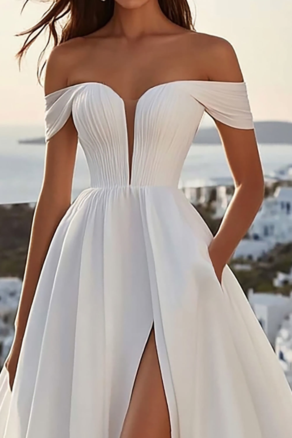 Ivory Off The Shoulder A Line Wedding Dress With Slit