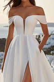 Ivory Off The Shoulder A Line Wedding Dress With Slit