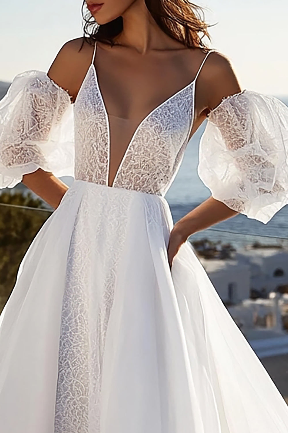 Ivory A Line Lace Wedding Dress with Puff Sleeves