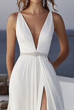 Ivory Ruched Chiffon A Line Wedding Dress With Slit