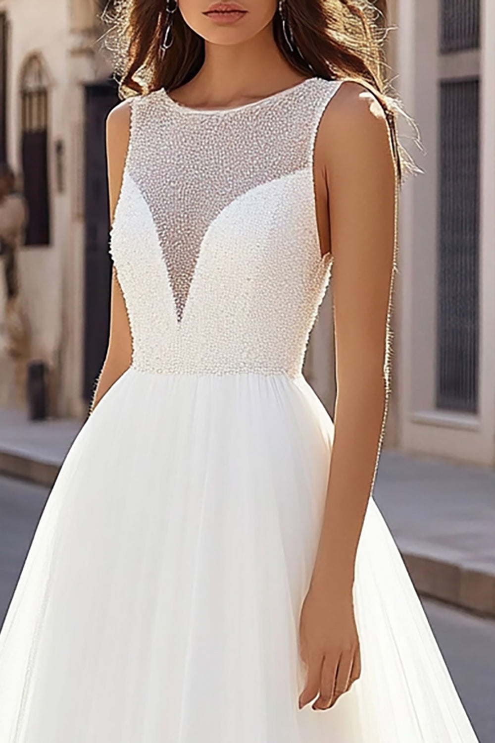 Ivory Tulle Illusion A Line Wedding Dress