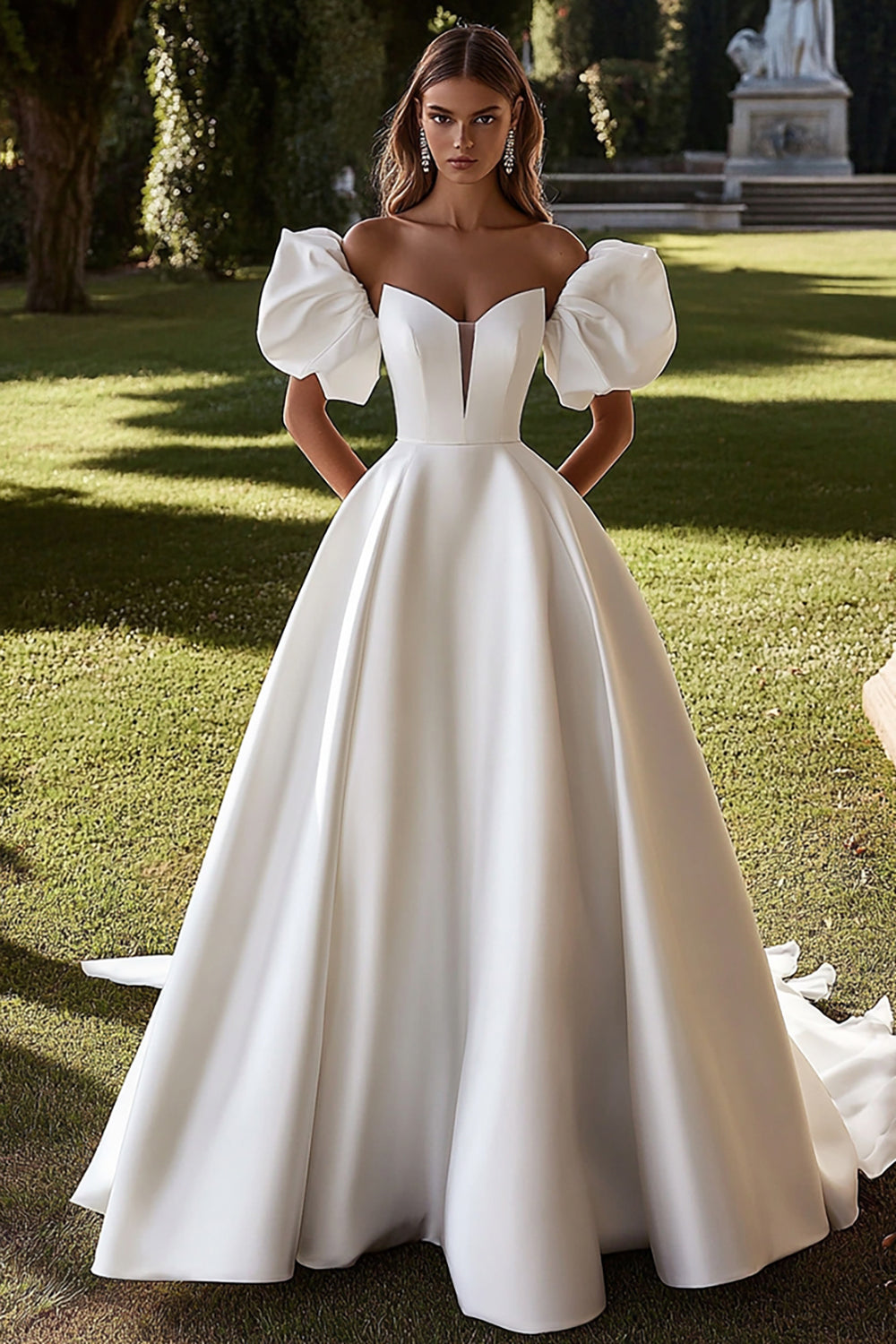Strapless Ivory Satin Wedding Dress With Puff Sleeves
