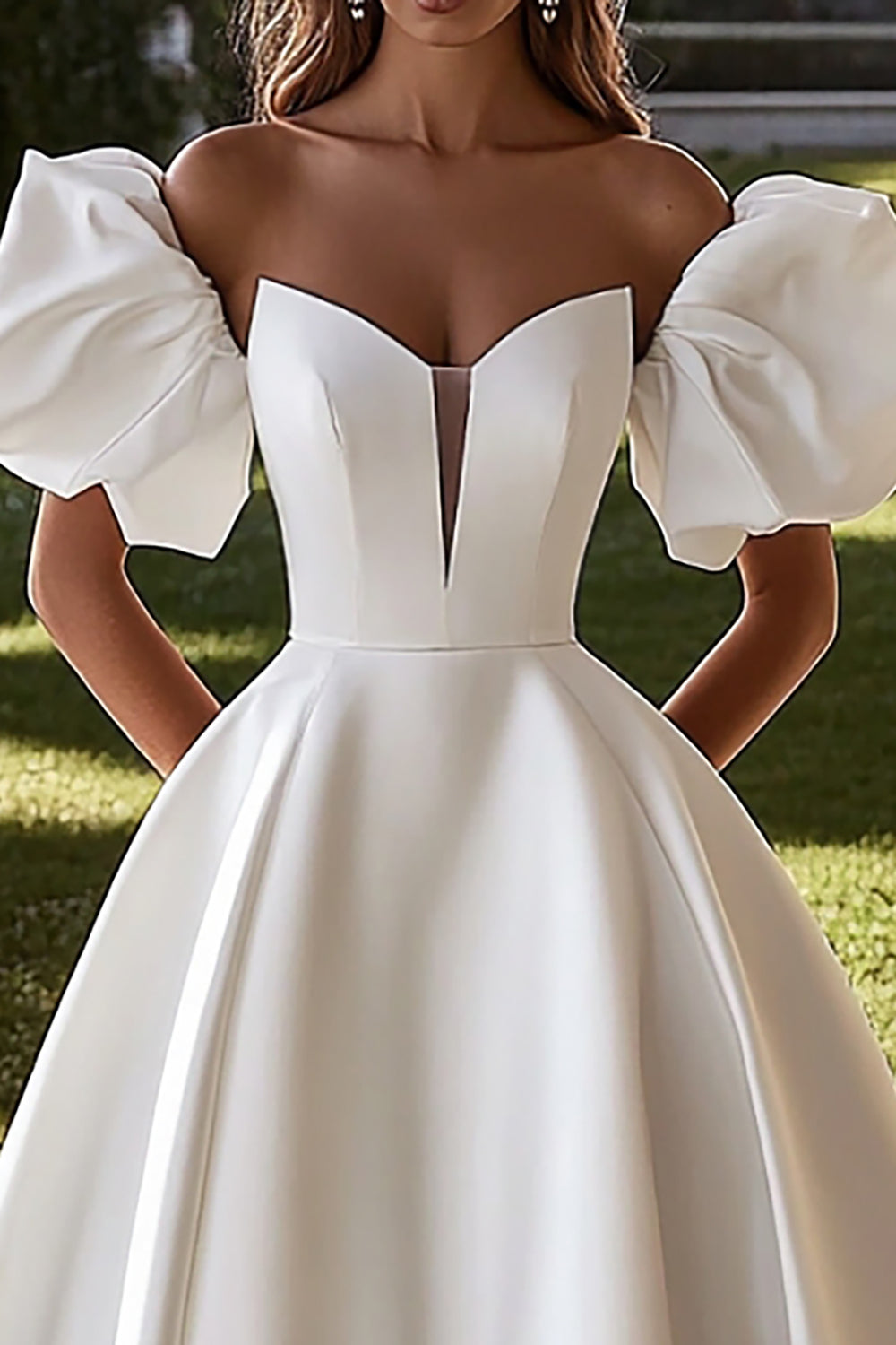 Strapless Ivory Satin Wedding Dress With Puff Sleeves