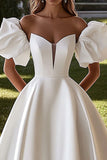 Strapless Ivory Satin Wedding Dress With Puff Sleeves