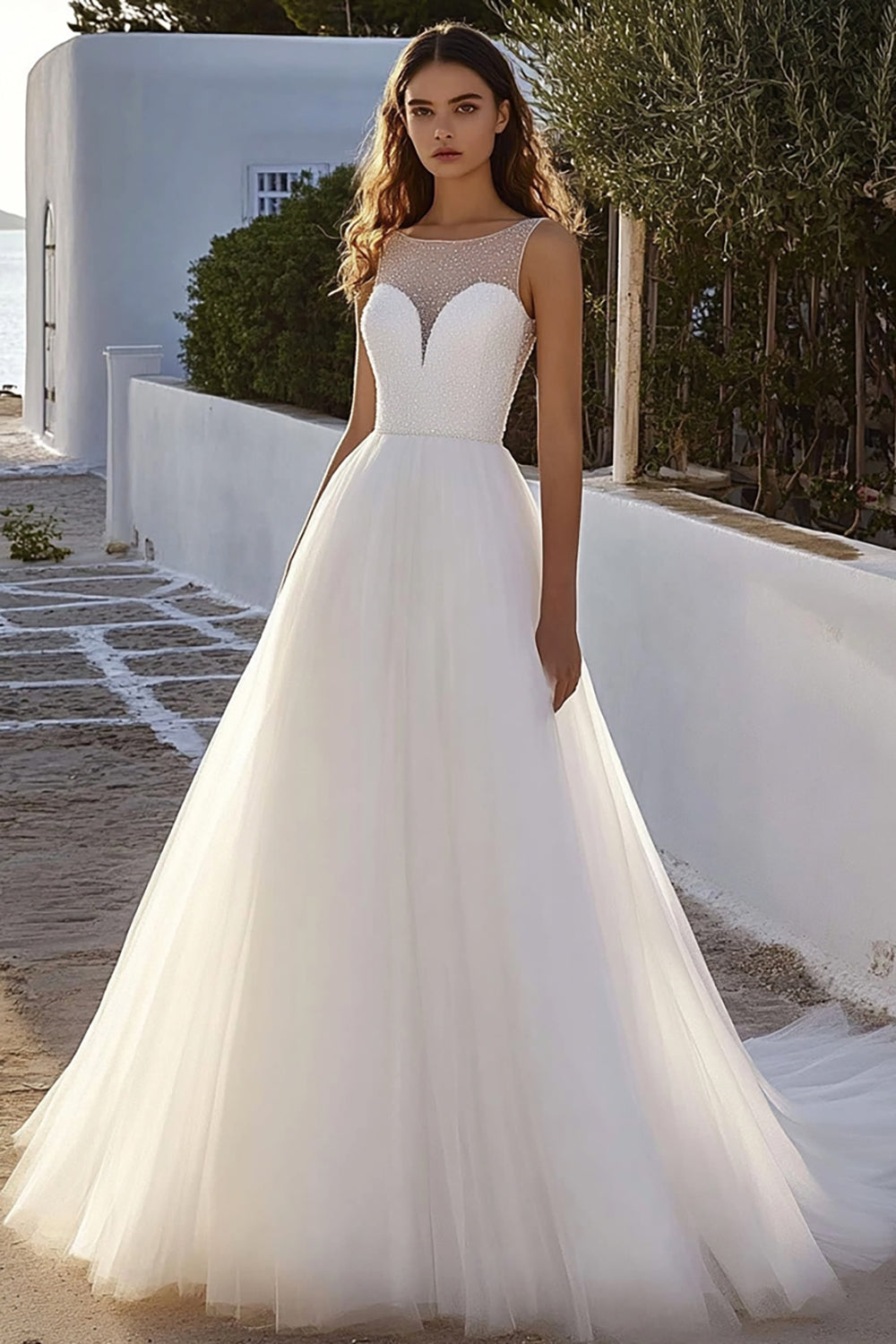 Glitter Ivory A Line Illusion Tulle Wedding Dress