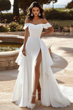 Ivory A-Line Satin Ruffled Off The Shoulder Long Bridal Dress With Slit
