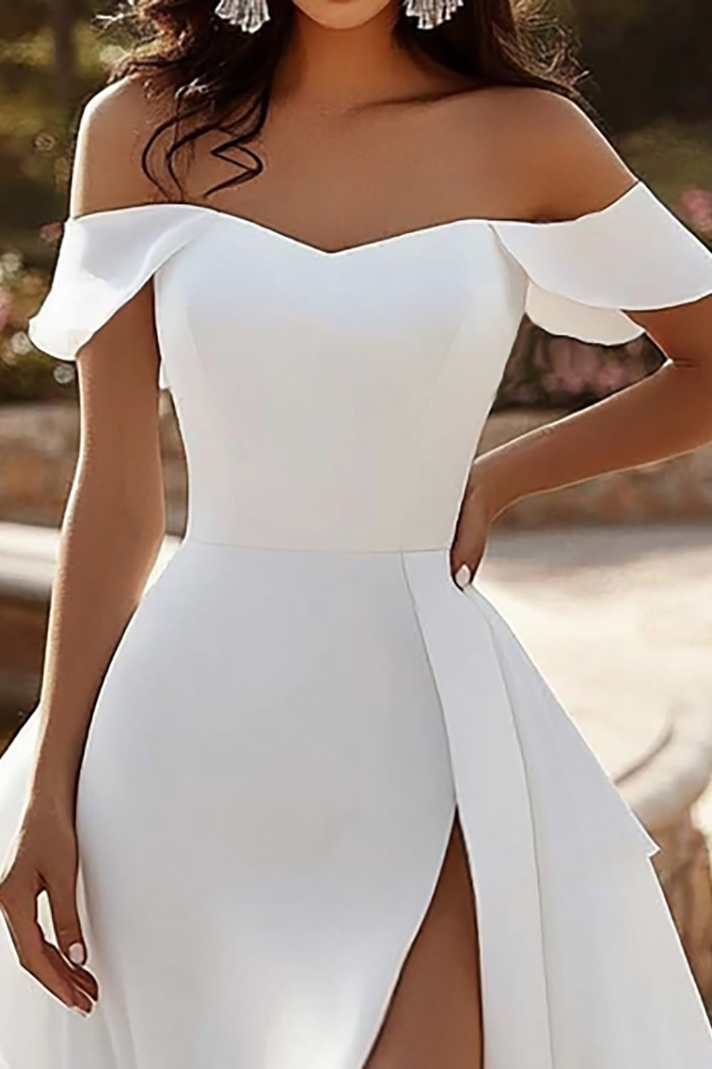 Ivory A-Line Satin Ruffled Off The Shoulder Long Bridal Dress With Slit