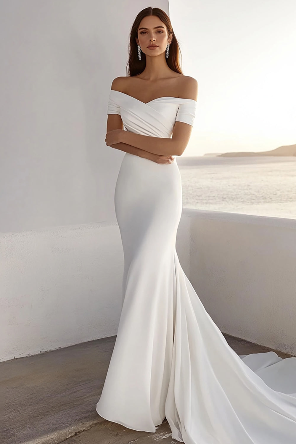 Ivory Mermaid Off The Shoulder Ruched Chiffon Long Bridal Dress