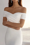 Ivory Mermaid Off The Shoulder Ruched Chiffon Long Bridal Dress