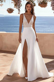 V Neck A Line Ivory Sequin Wedding Dressn With Slit