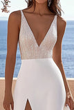 V Neck A Line Ivory Sequin Wedding Dressn With Slit