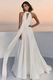 Halter A Line Ivory Chiffon Wedding Dress