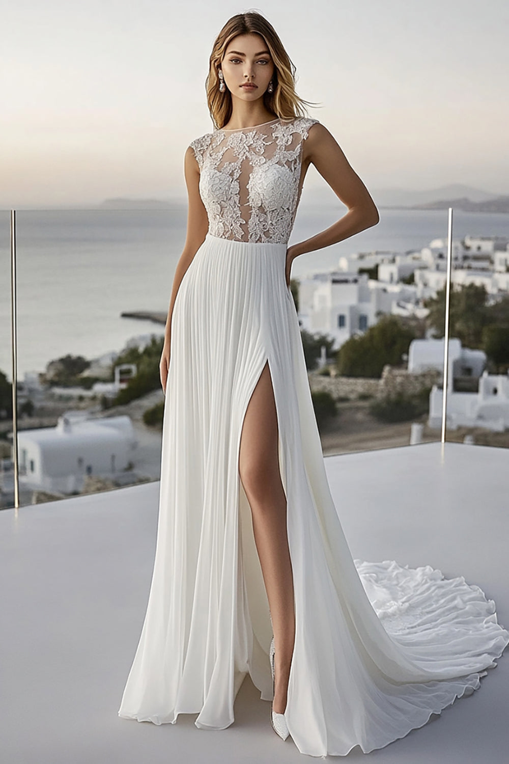 Chiffon Lace Ivory Pleated A Line Wedding Dress with Slit