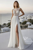Chiffon Lace Ivory Pleated A Line Wedding Dress with Slit