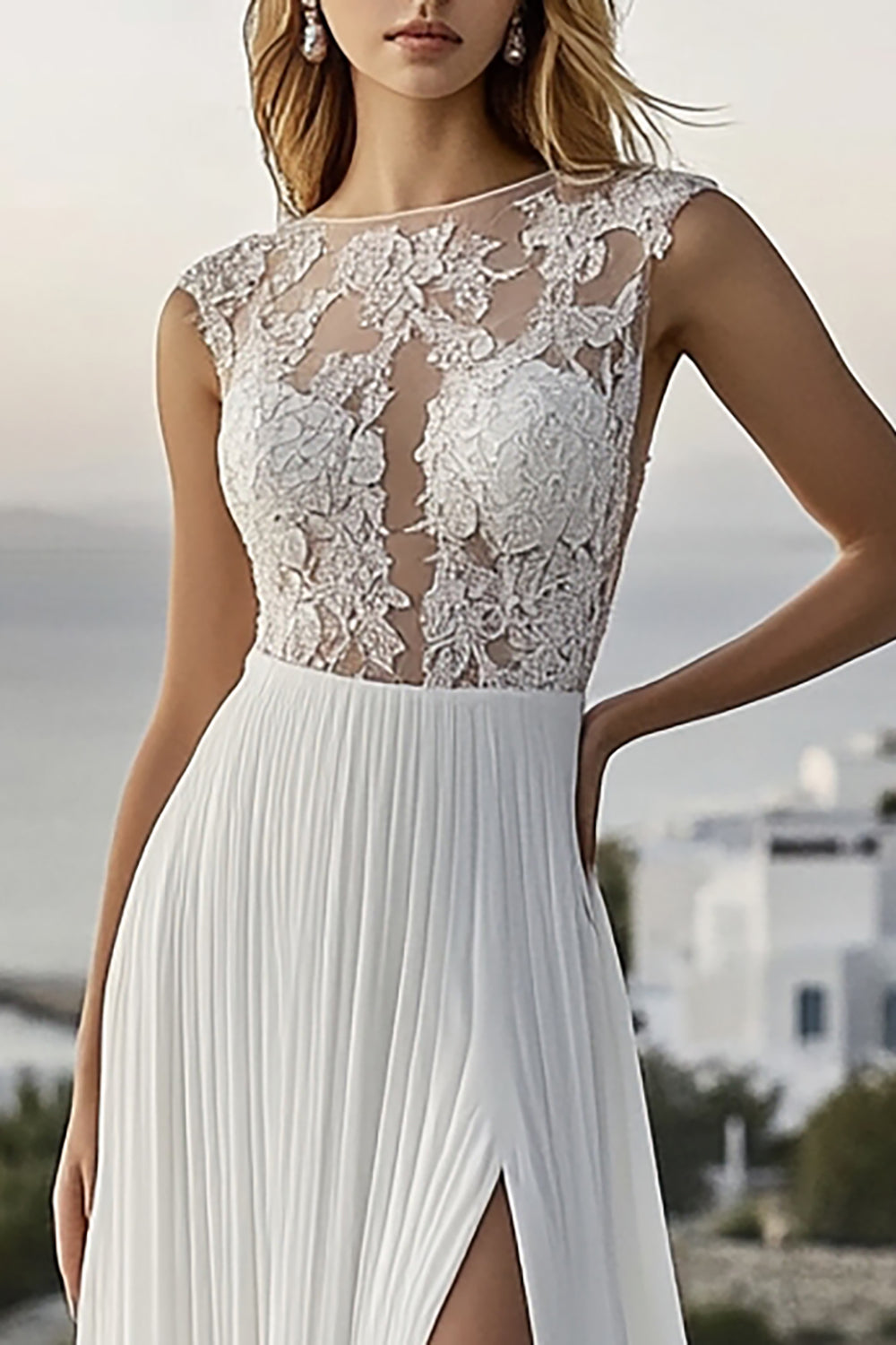 Chiffon Lace Ivory Pleated A Line Wedding Dress with Slit