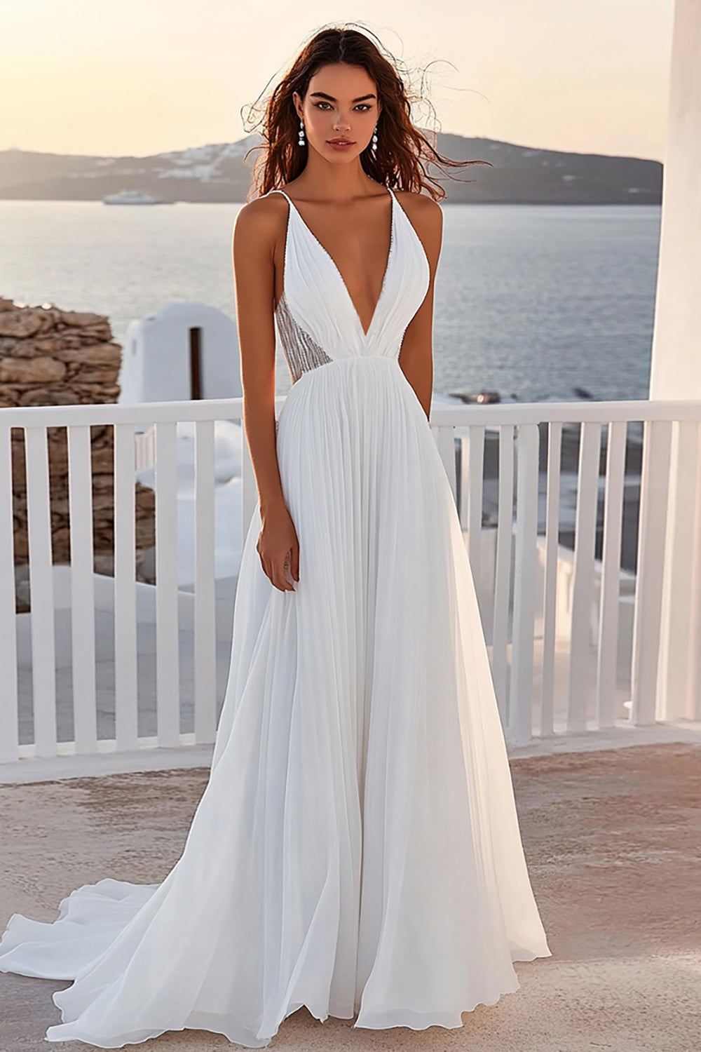 Spaghetti Straps A Line Chiffon Pleated Ivory Wedding Dress