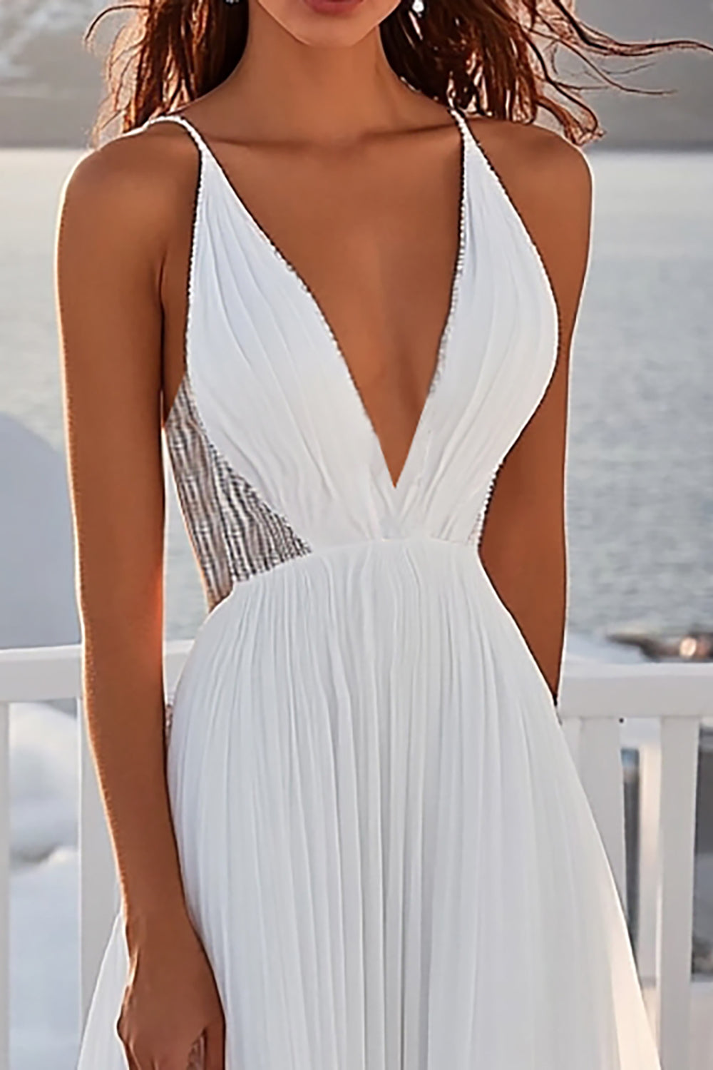Spaghetti Straps A Line Chiffon Pleated Ivory Wedding Dress
