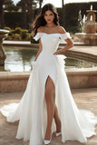 Ivory Off the Shoulder Ruffled A Line Satin Wedding Dress with Slit