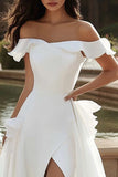 Ivory Off the Shoulder Ruffled A Line Satin Wedding Dress with Slit