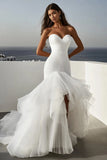 Mermaid Tulle Ivory Ruffled Strapless Wedding Dress