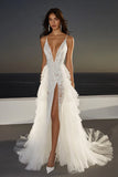 Tulle Lace Spaghetti Straps Ruffled A Line Wedding Dress With Slit