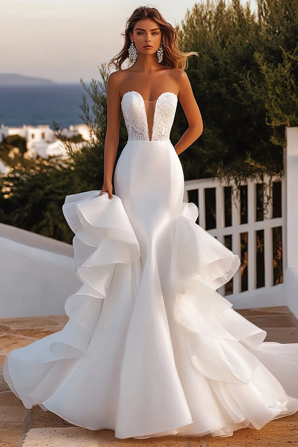 Mermaid Strapless Ruffled Organza Lace Ivory Wedding Dress