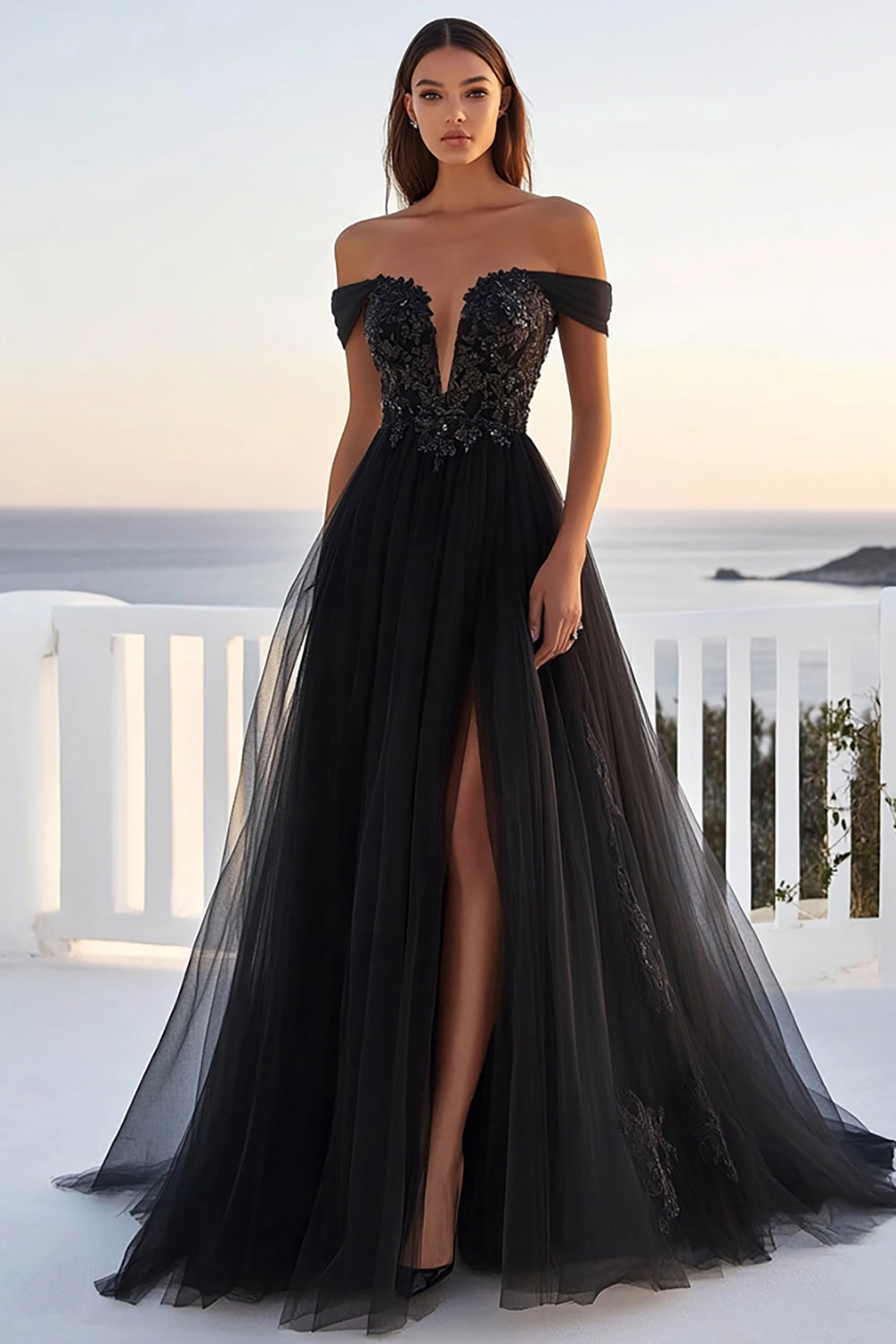 Black Tulle Lace Off The Shoulder A Line Wedding Dress With Slit