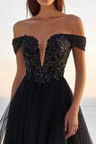 Black Tulle Lace Off The Shoulder A Line Wedding Dress With Slit