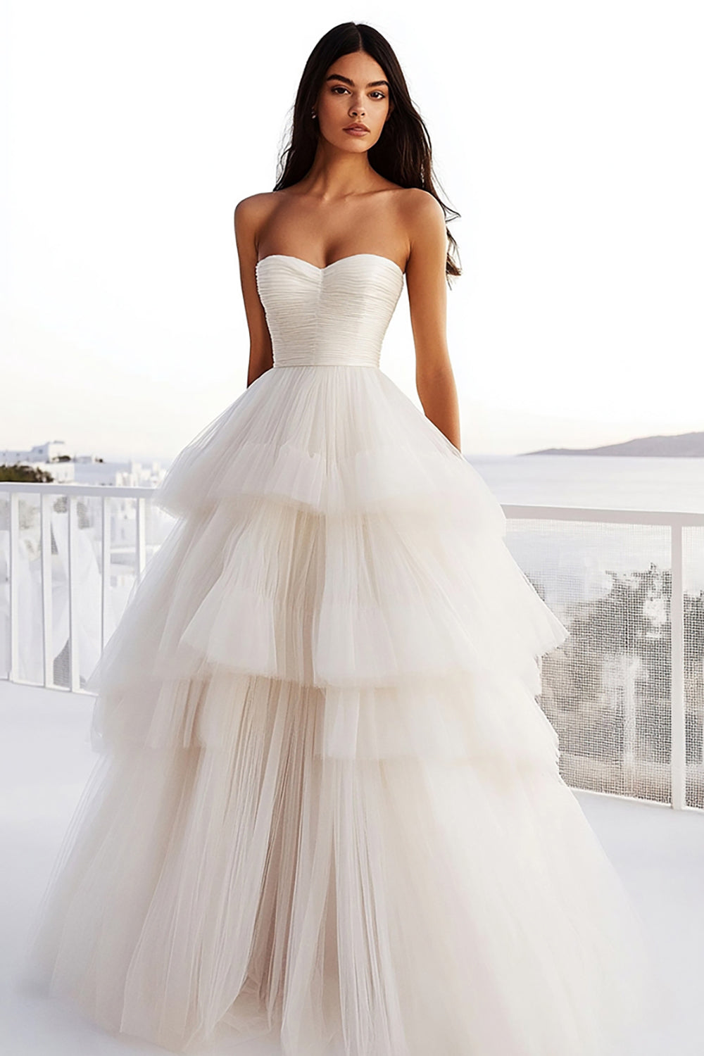 Ivory Tulle A Line Tiered Strapless Wedding Dress