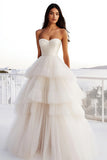 Ivory Tulle A Line Tiered Strapless Wedding Dress